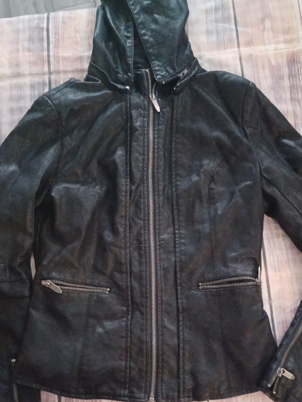 LA Coalition Women's Black Hooded Faux Leather Jacket with Zip Pockets Sz XS